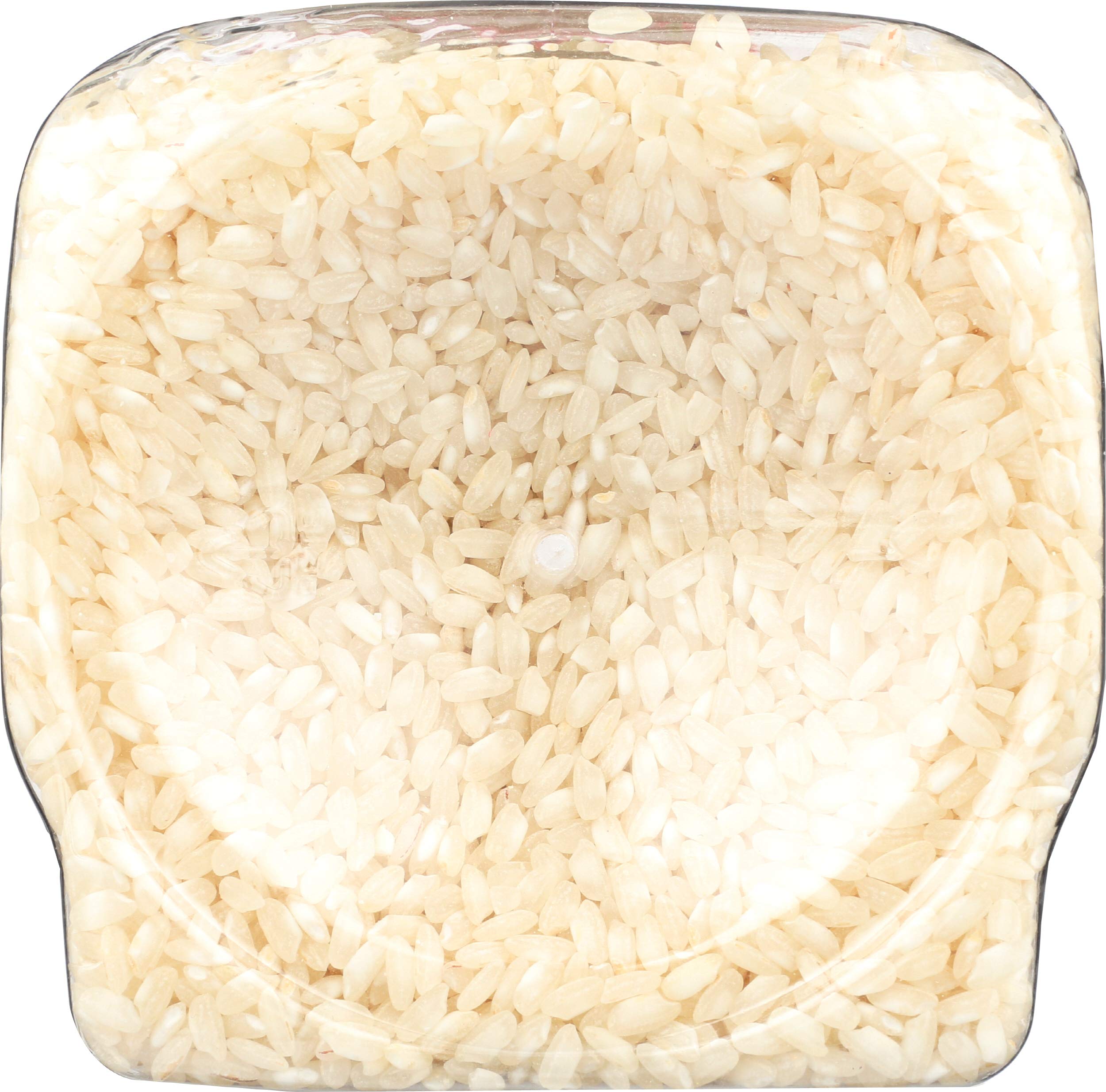 RiceSelect rice jar on kitchen shelf showing non-GMO and gluten-free benefits.