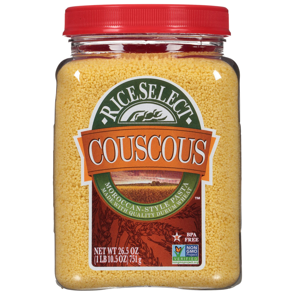 RiceSelect Moroccan-style couscous jar ready to steam for flavorful meals.