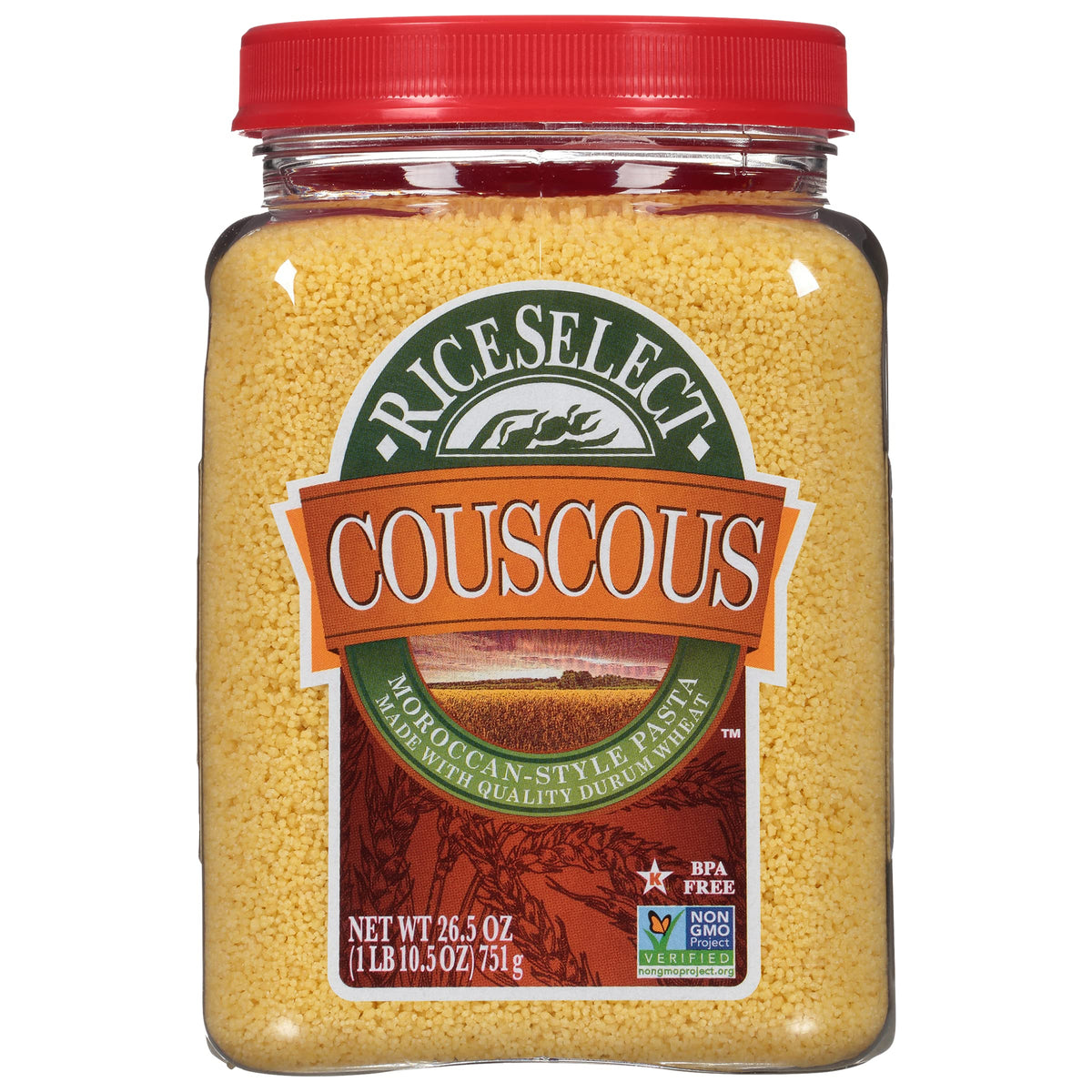 RiceSelect Moroccan-style couscous jar ready to steam for flavorful meals.