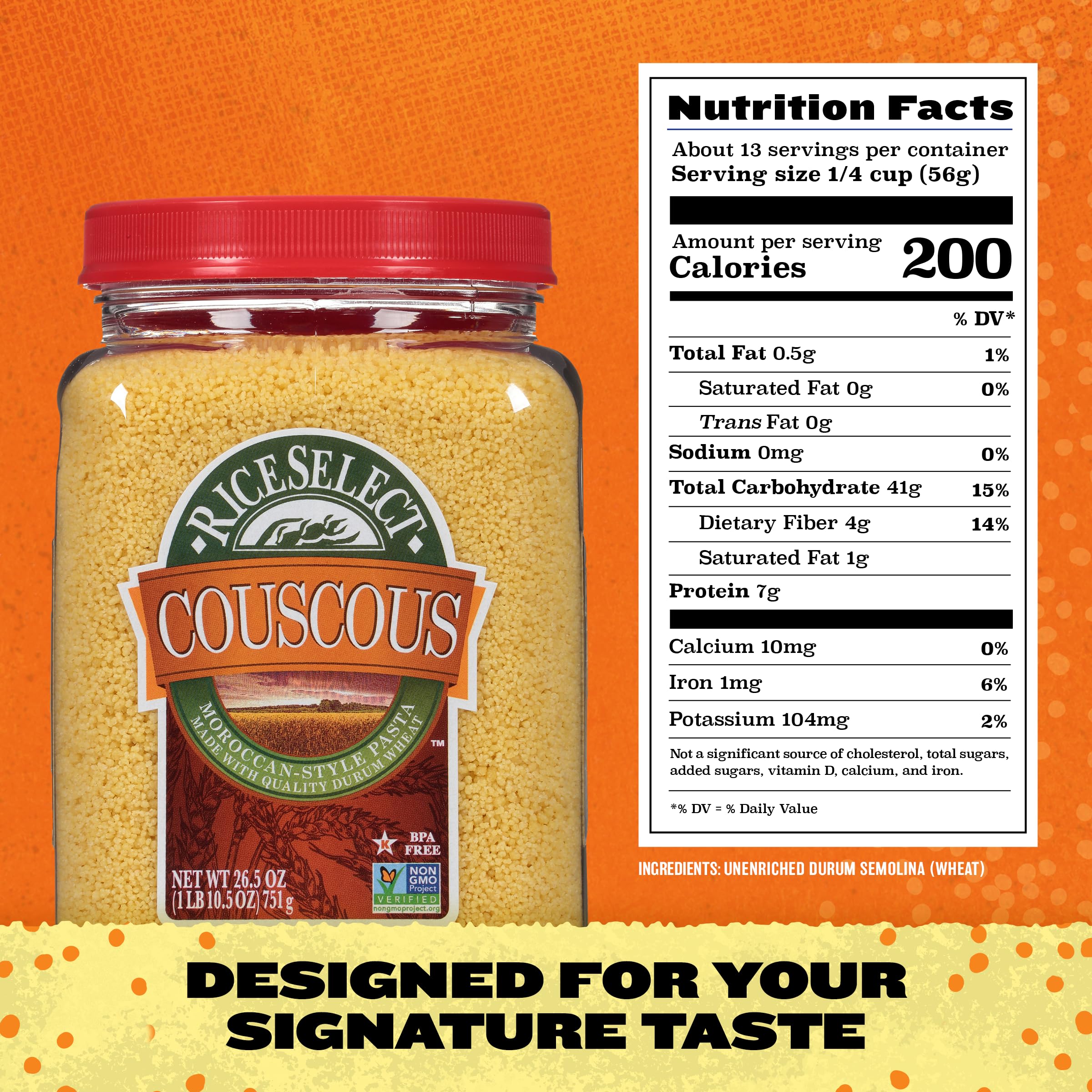 RiceSelect couscous shows the non-GMO label for clean, preservative-free nutrition.