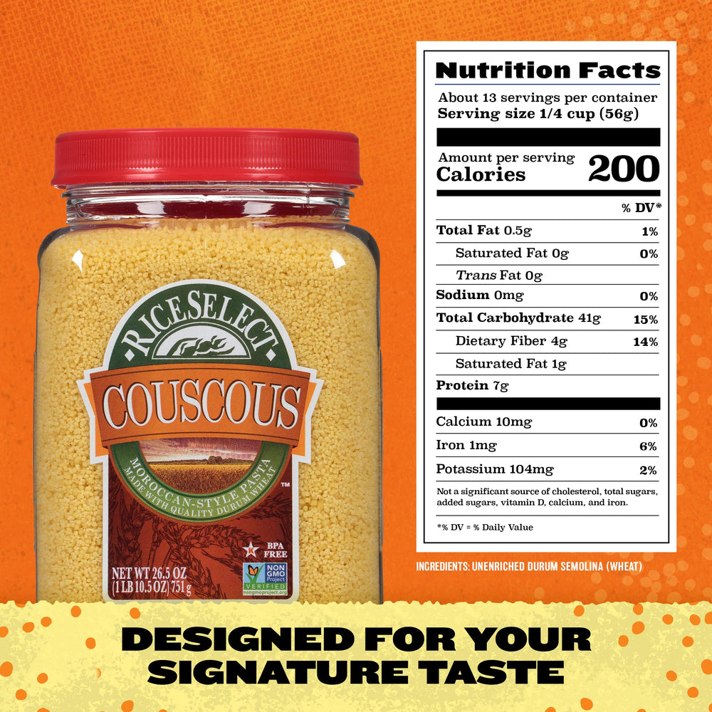 RiceSelect couscous shows the non-GMO label for clean, preservative-free nutrition.