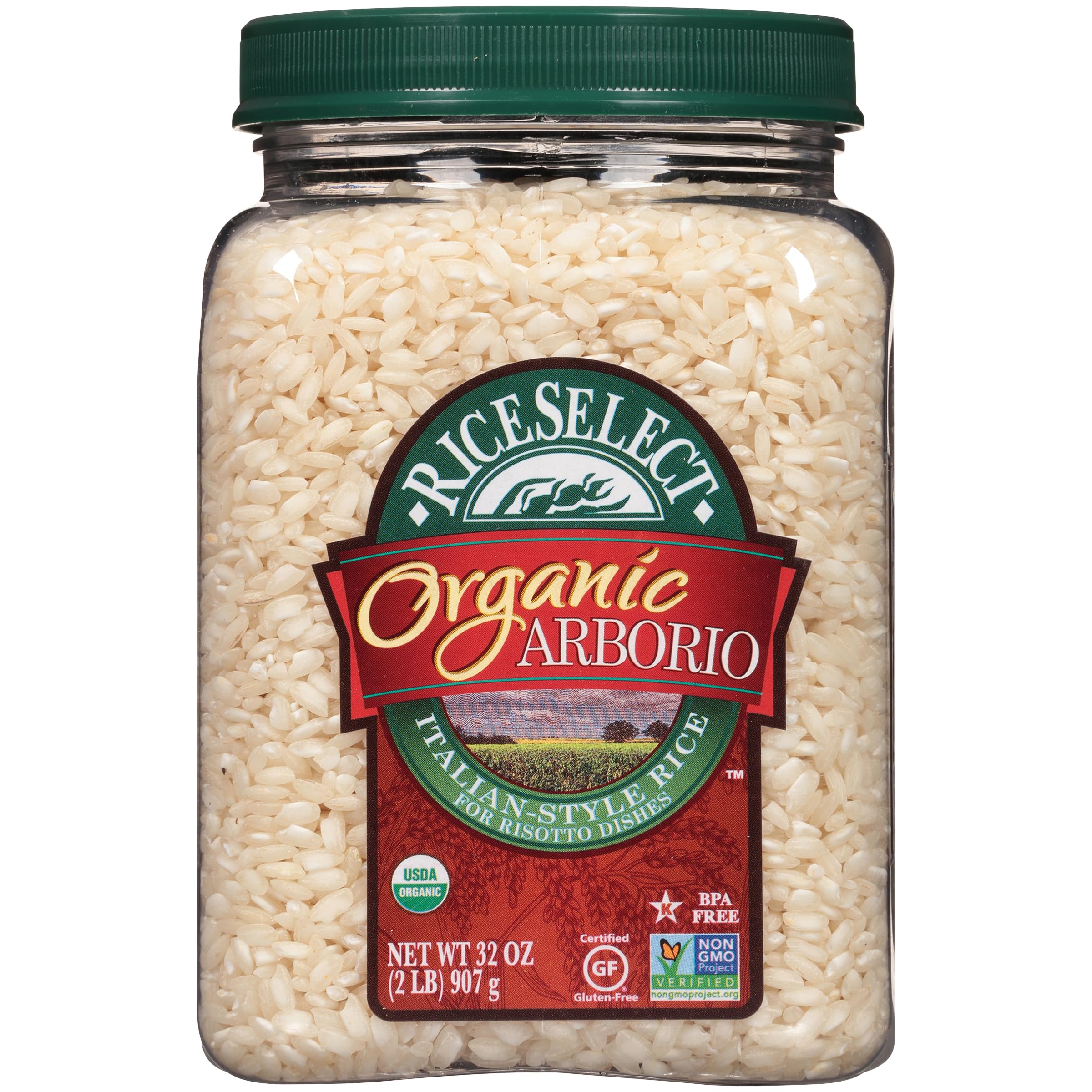 RiceSelect Organic Arborio Rice grains close-up, ideal for creamy risotto