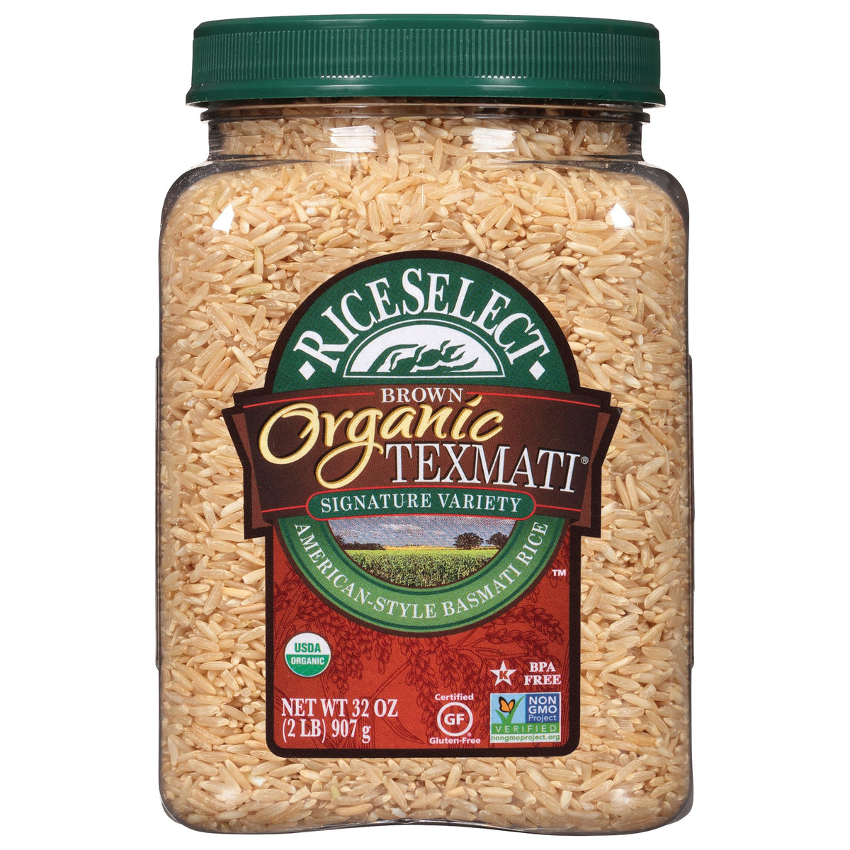 RiceSelect Organic Texmati Brown Rice jar showing premium packaging and gluten-free convenience.