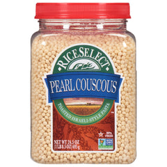 RiceSelect Pearl Couscous jar close-up highlighting premium packaging for pantry storage