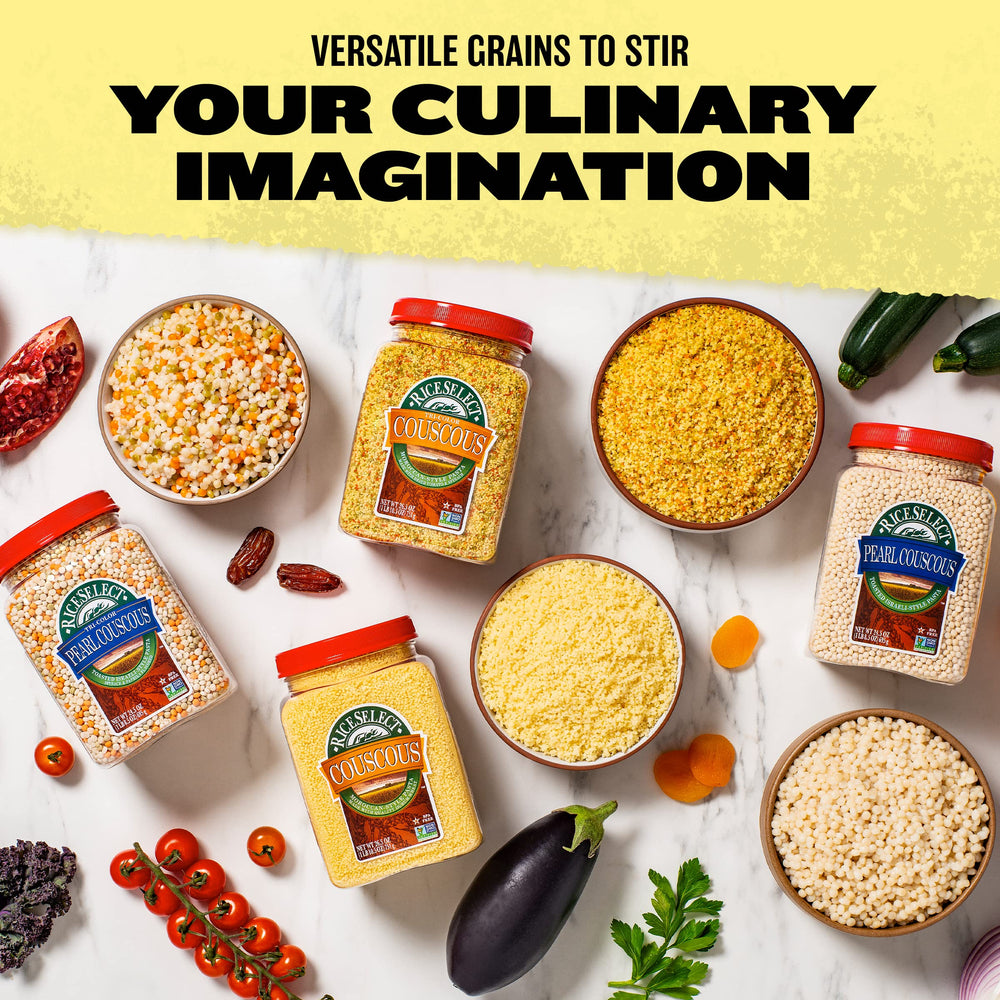RiceSelect Pearl Couscous BPA-free jar emphasizes sustainable packaging