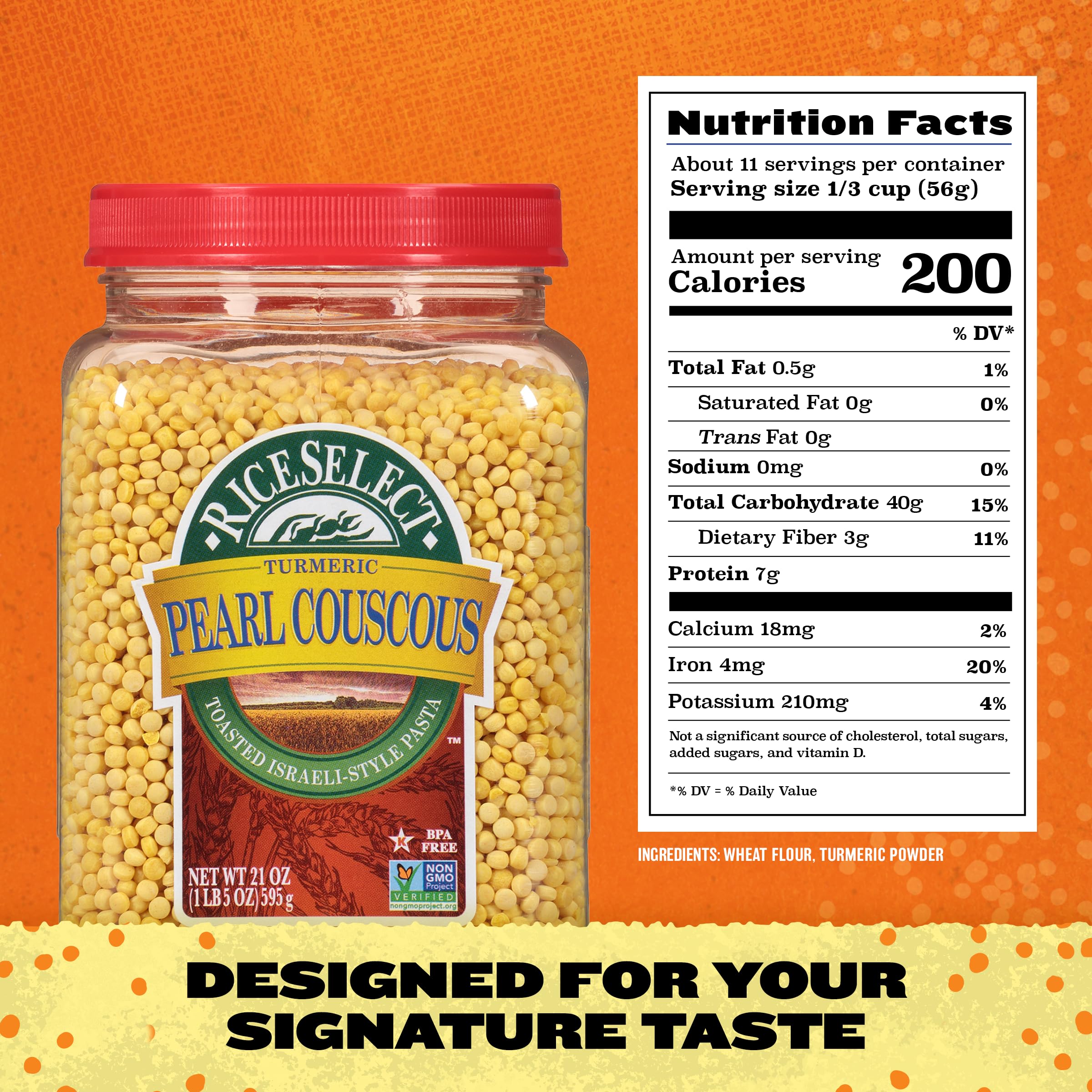 RiceSelect Pearl Couscous with Turmeric cooked pearls in a bowl, perfect with Mediterranean sauces.
