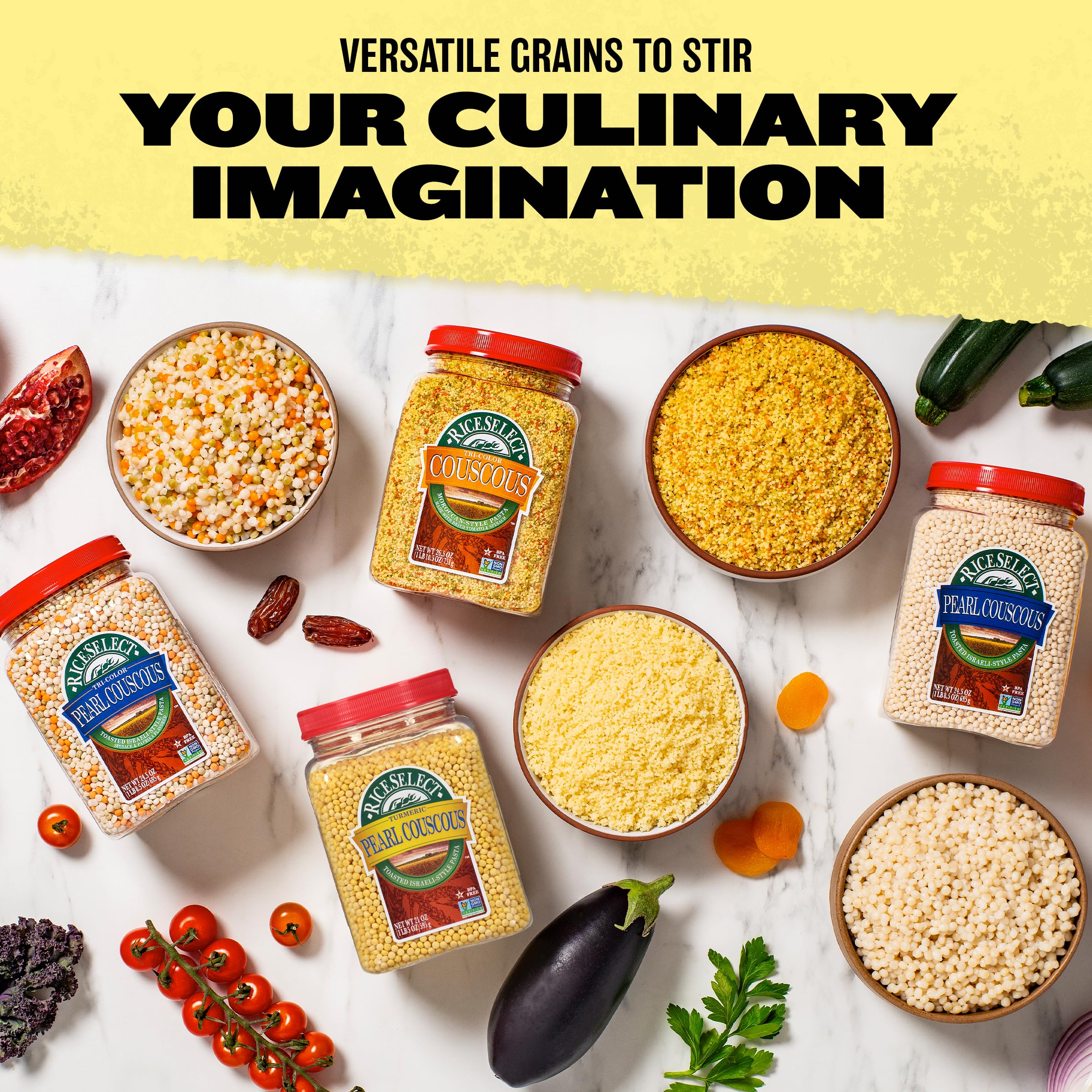 RiceSelect Pearl Couscous with Turmeric ready-to-serve on family table for versatile meals.
