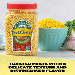 RiceSelect Pearl Couscous with Turmeric plated with vegetables and lemon vinaigrette for a Mediterranean-inspired dish.