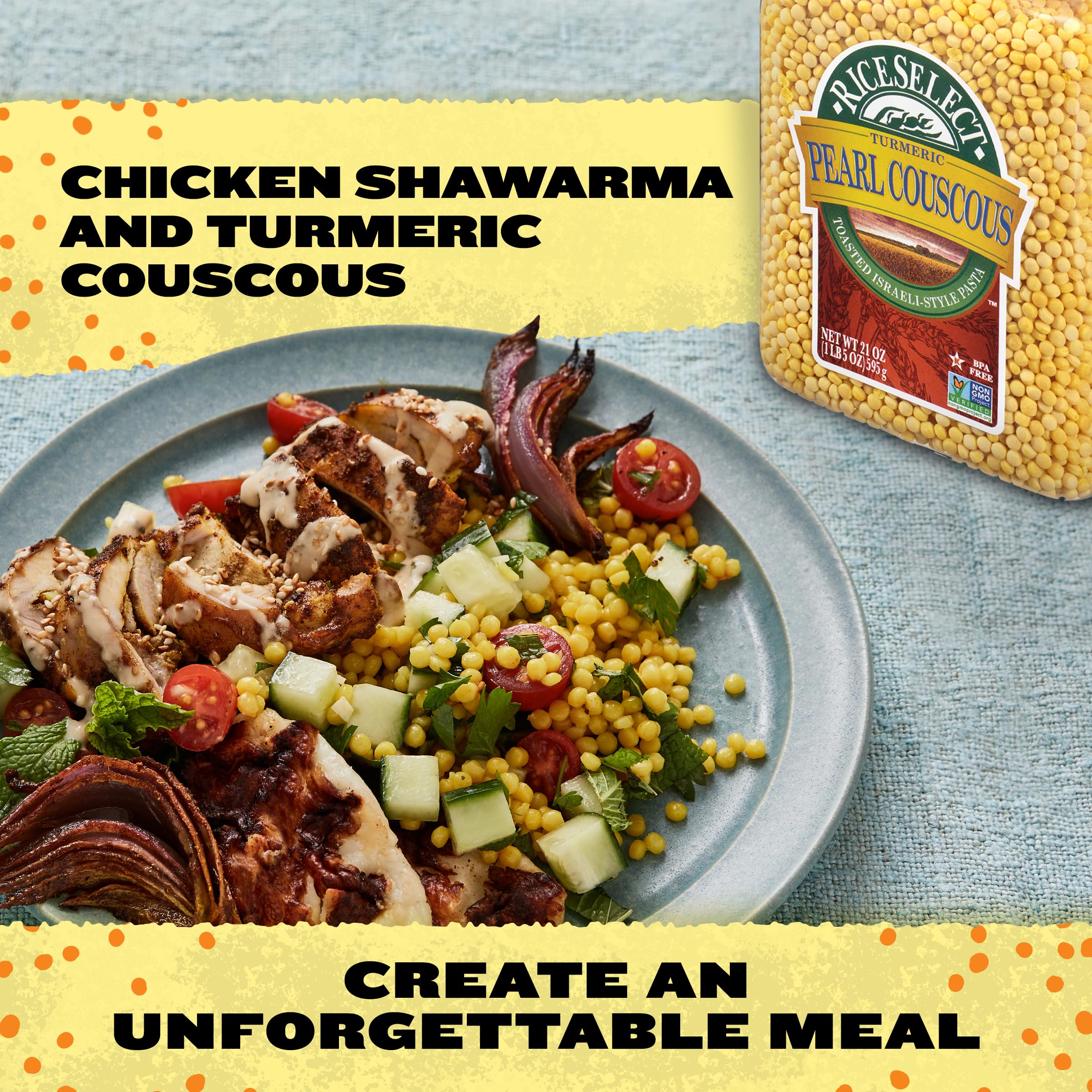 RiceSelect Pearl Couscous with Turmeric jar in recyclable packaging emphasizes sustainability.