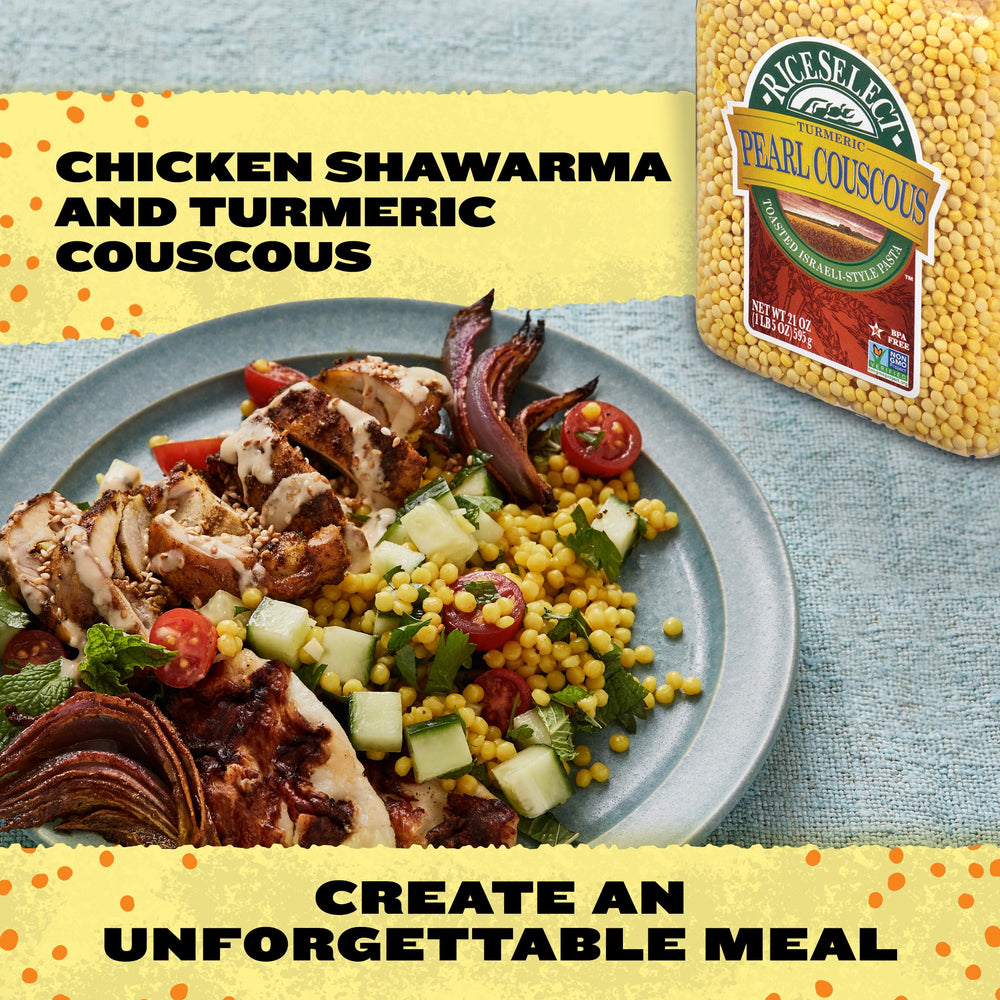 RiceSelect Pearl Couscous with Turmeric jar in recyclable packaging emphasizes sustainability.