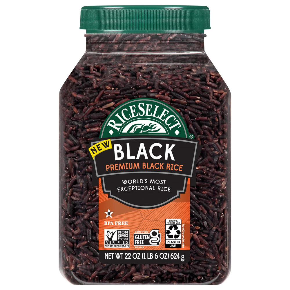 RiceSelect Premium Black Rice jar-front image highlights premium packaging for gluten-free dining