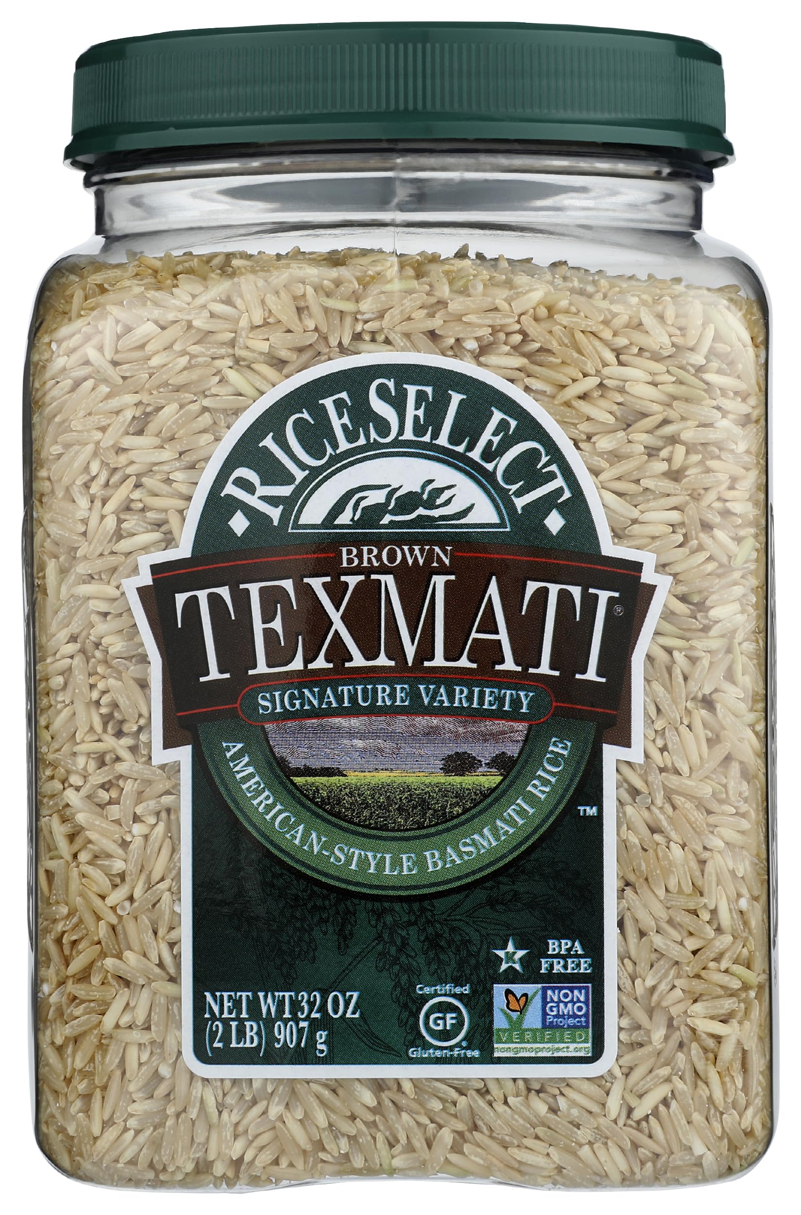 RiceSelect Texmati Brown Rice jar releasing inviting aroma for cooking.