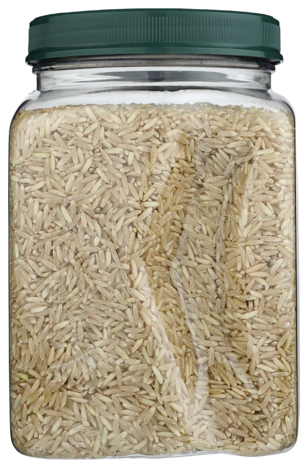 RiceSelect Texmati Brown Rice in a BPA-free recyclable jar on a kitchen shelf.