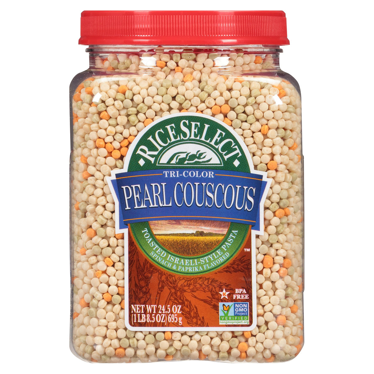 RiceSelect tri-color pearl couscous jar front, quick, versatile meals.
