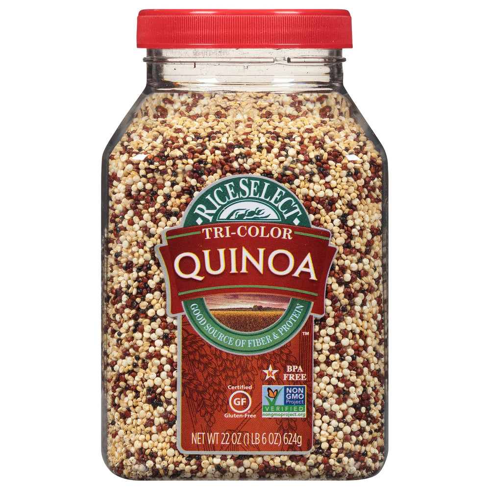 RiceSelect Tri-Color Quinoa jar on shelf showcases versatile grains for meals.