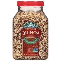 RiceSelect Tri-Color Quinoa jar on shelf showcases versatile grains for meals.