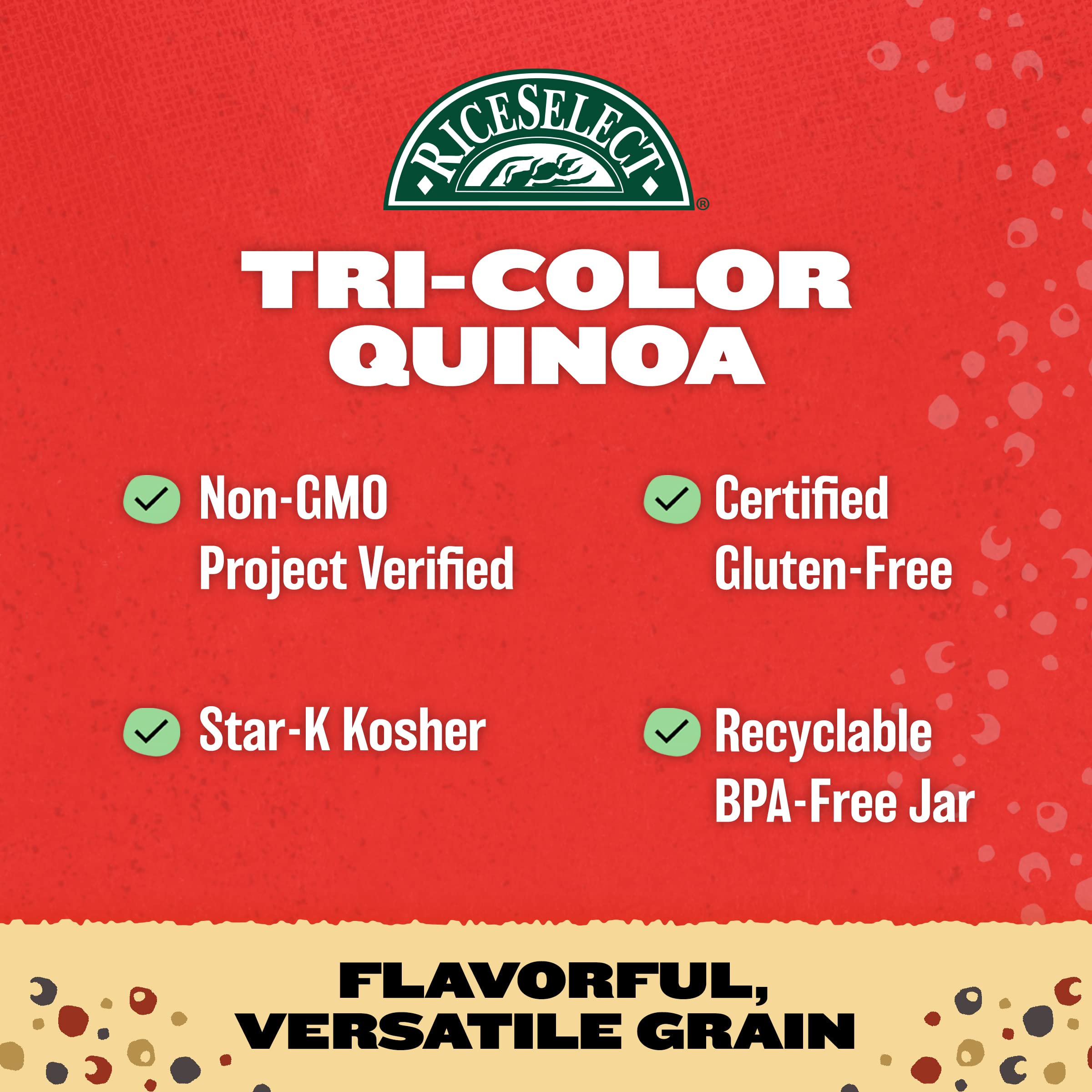 Packaging: BPA-free recyclable jar for RiceSelect Quinoa.