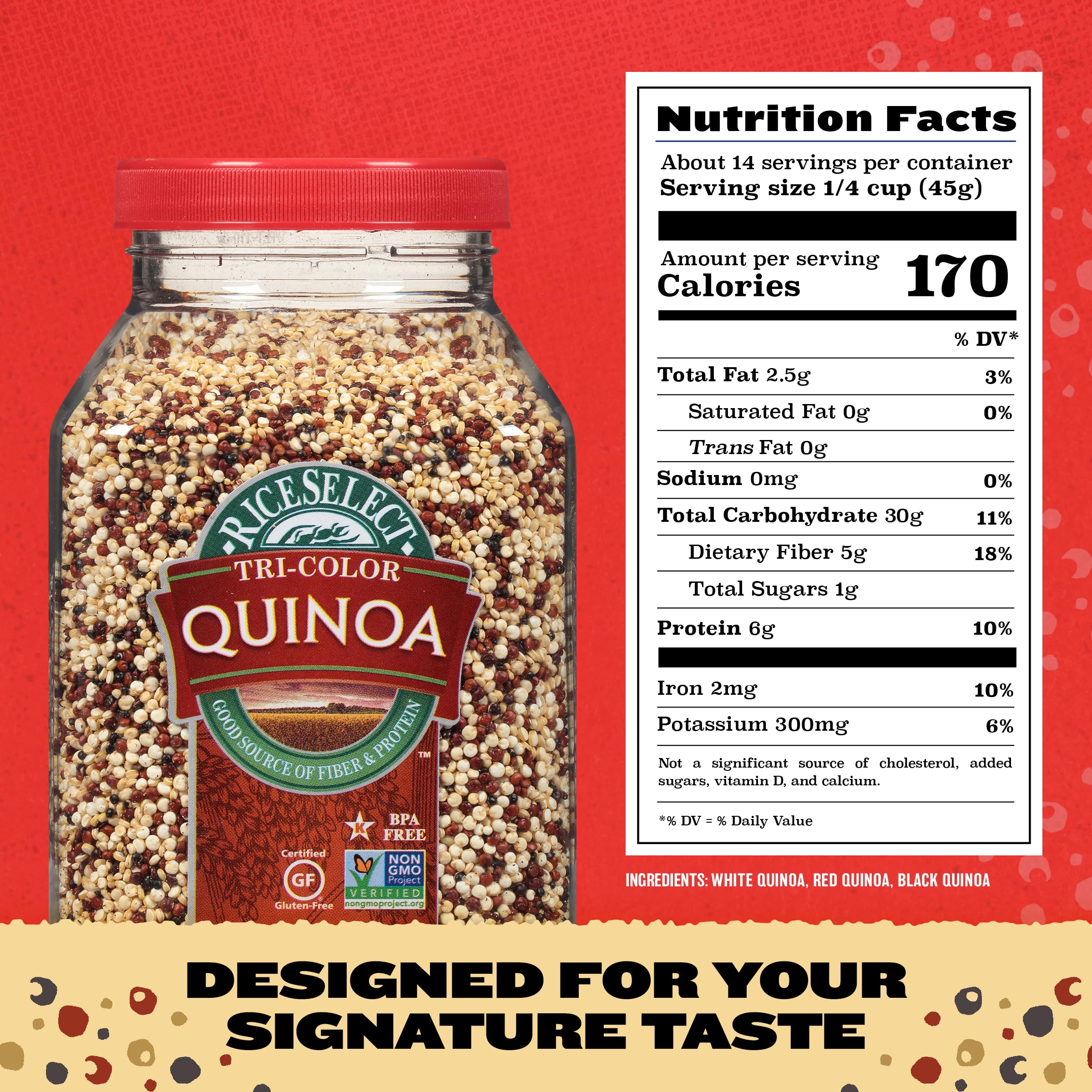 Raw blend of red, white, and black quinoa from RiceSelect, versatile for many dishes.