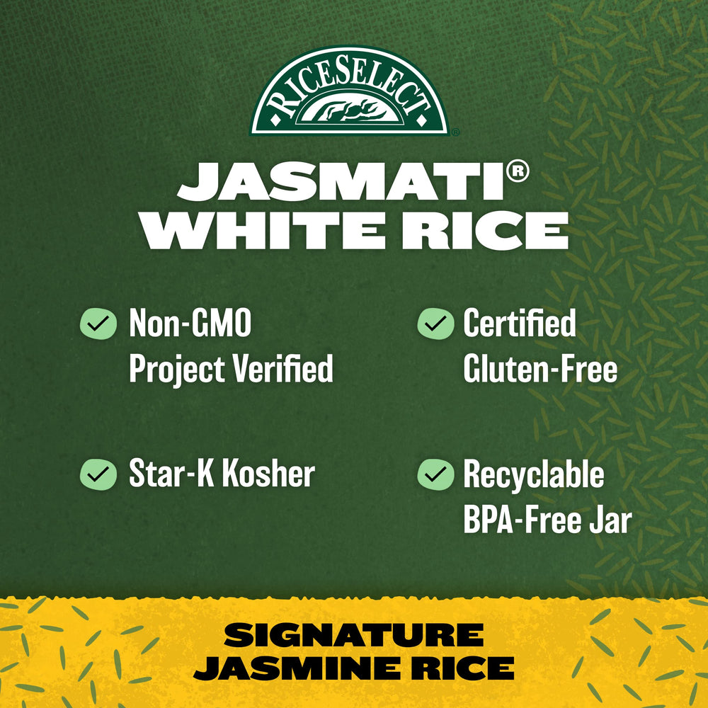 RiceSelect Jasmati nutrition label highlights gluten-free and Non-GMO benefits