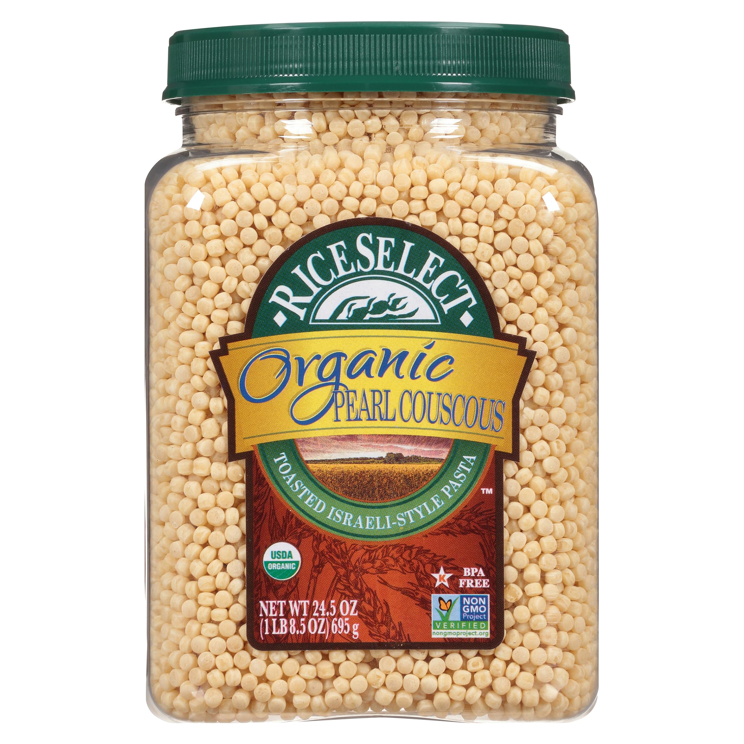 RiceSelect Organic Pearl Couscous jar shows premium Israeli-style pearls for quick meals.