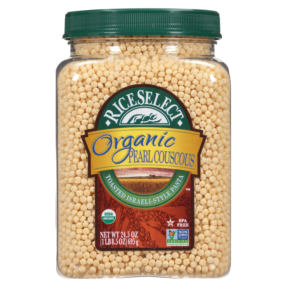 RiceSelect Organic Pearl Couscous jar shows premium Israeli-style pearls for quick meals.