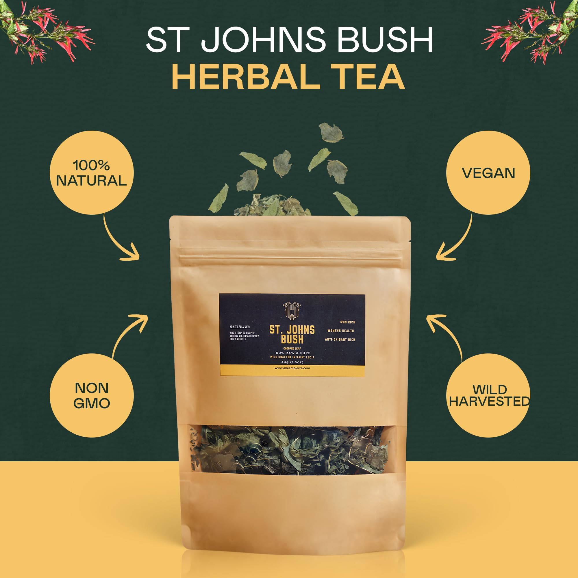 Rich Sol Foods St. John’s Bush tea in a mug with steam for relaxation.