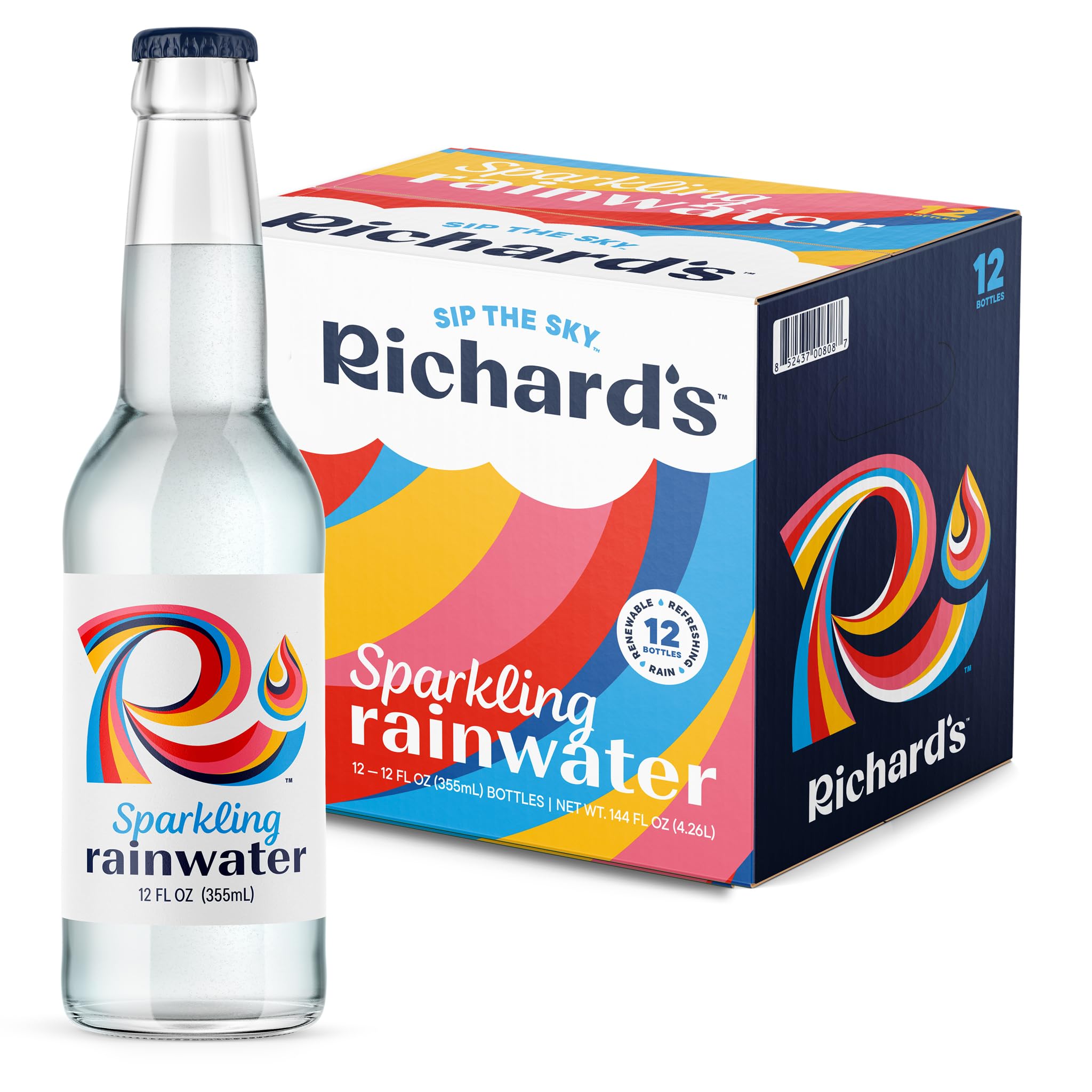 Richard's Rainwater sparkling water in a 12oz glass bottle with long-lasting bubbles