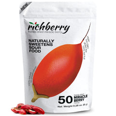 Richberry Miracle Berry halves pack shown, naturally sweetening sour foods without added sugar.