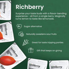 Richberry Miracle Berry halves dissolving in lemonade, suggesting a sweeter, sugar-free beverage option.