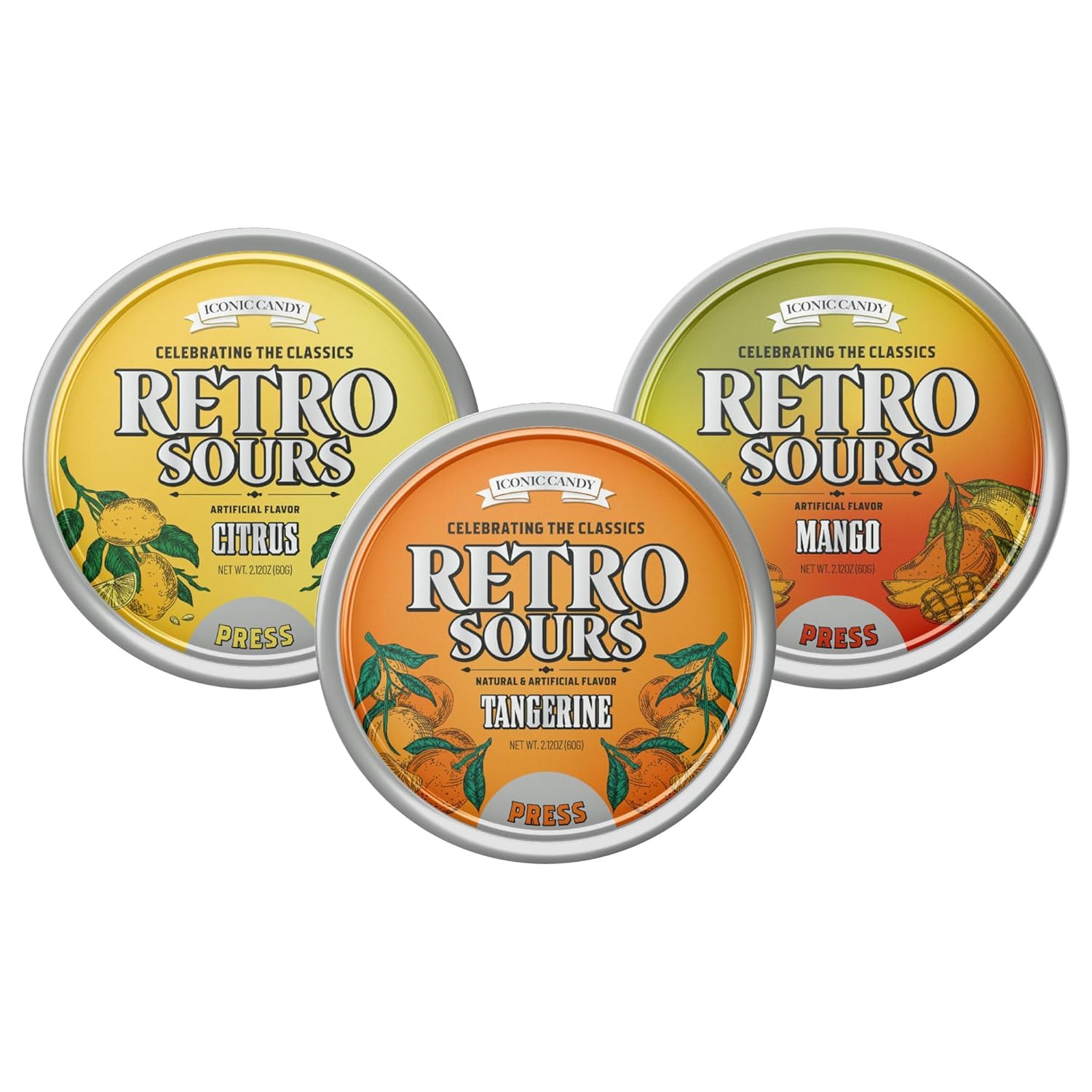 Rich&Richer Retro Sours Citrus tin with tangy candies for nostalgic snacking.