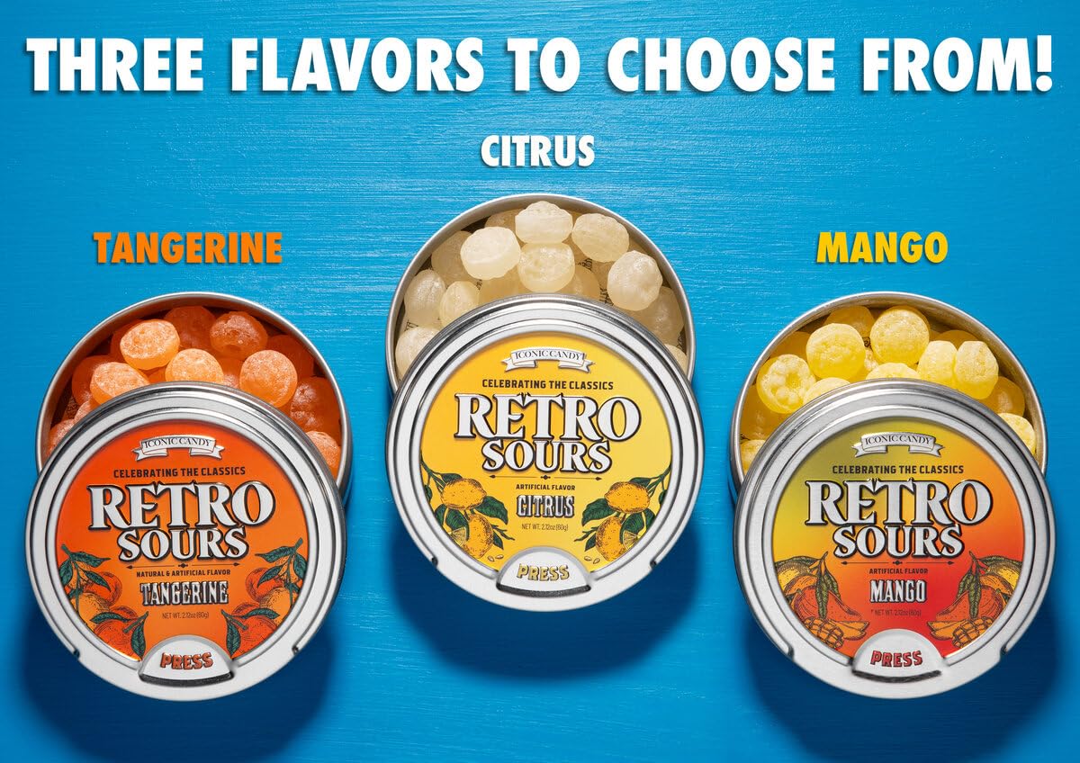 Rich&Richer Retro Sours Mango tin featuring fruity tang for playful snacking.