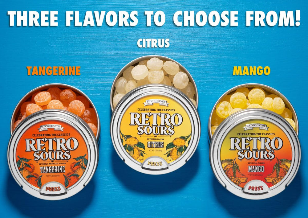 Rich&Richer Retro Sours Mango tin featuring fruity tang for playful snacking.
