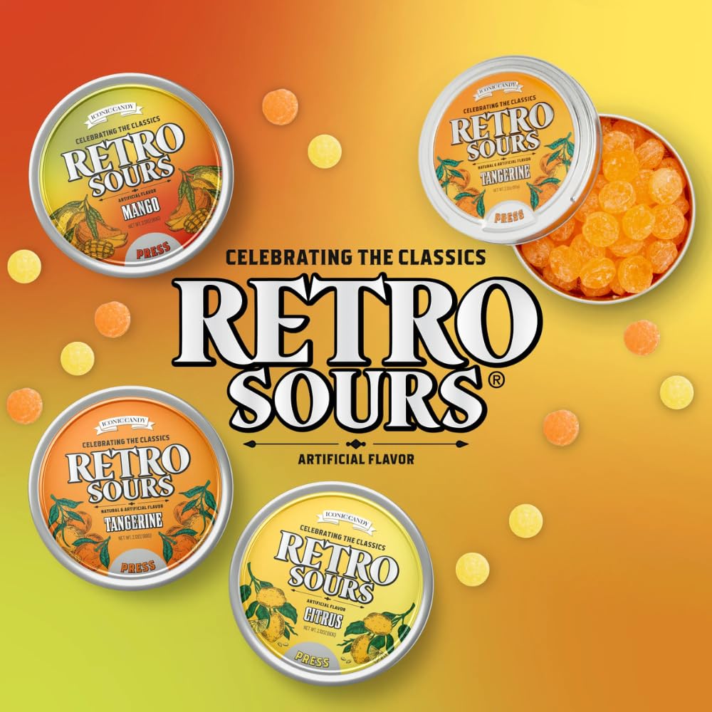 Rich&Richer Retro Sours Tangerine tin offering zesty bite and retro charm.