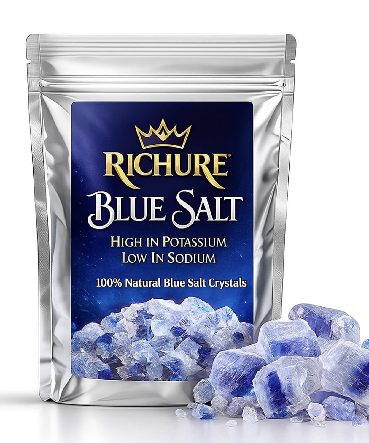Richure Ancient Blue Salt crystals illuminate dishes with rare mineral depth.
