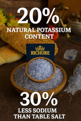Richure blue salt crystals are potassium-rich, adding mineral flavor to recipes.