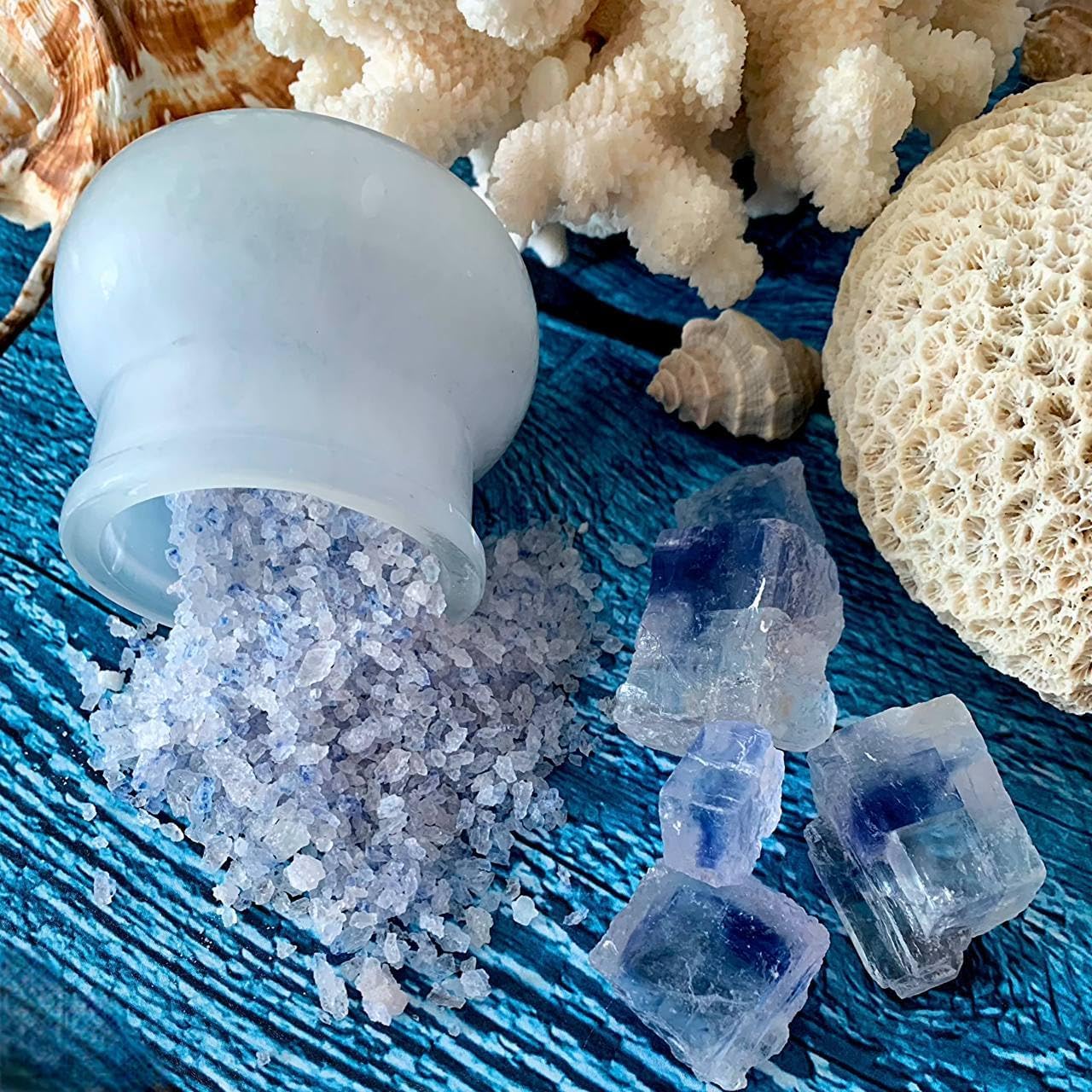 Richure blue salt blue-hued crystals enhance plate presentation.