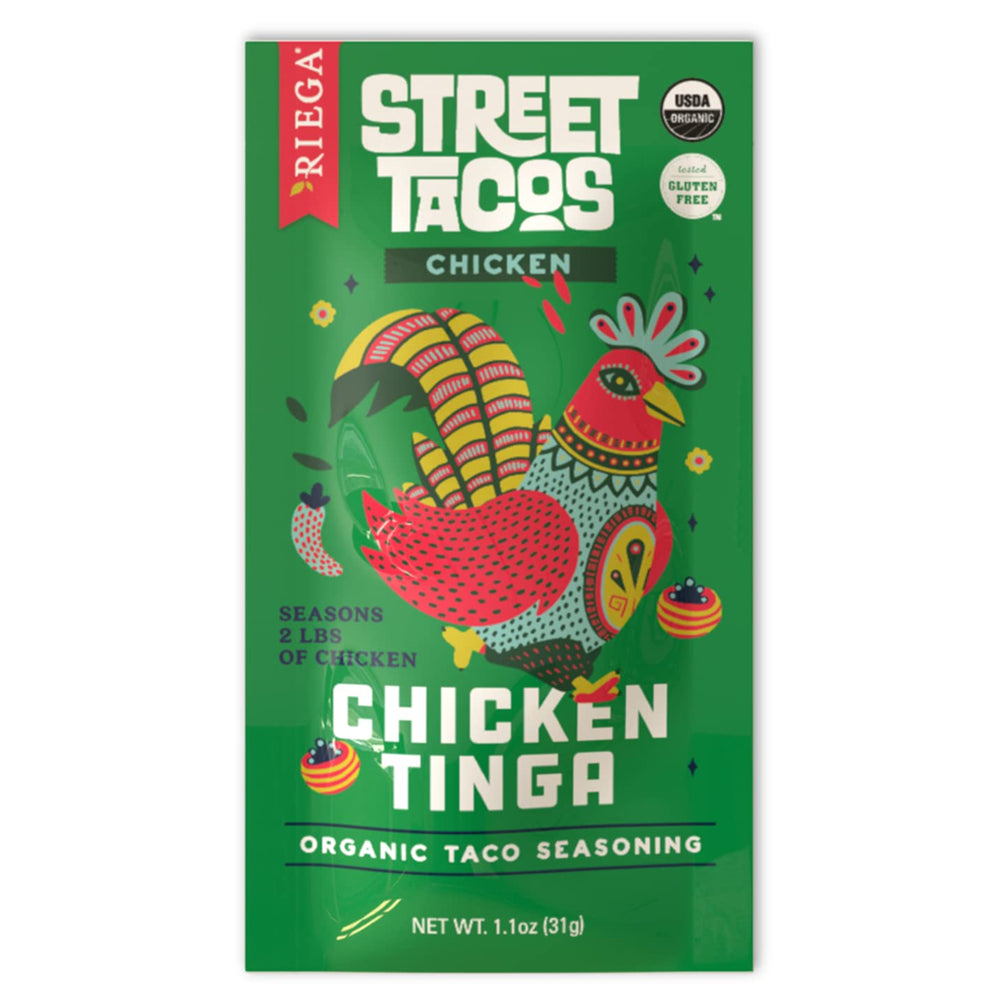 Riega Organic Chicken Tinga Seasoning pouch ready to flavor meals with bold aroma.