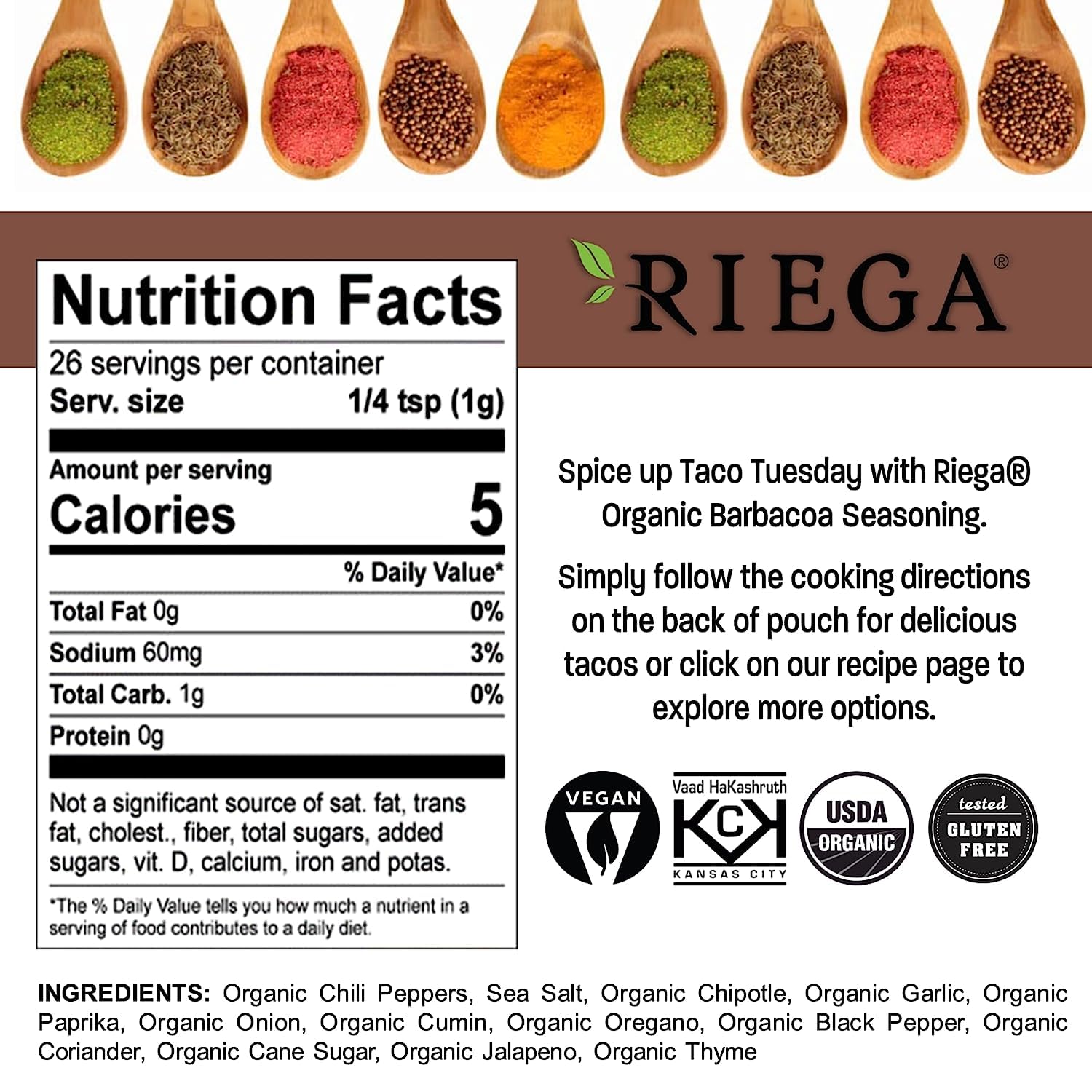 Riega Street Taco Barbacoa Organic seasoning being sprinkled on meat for authentic flavor.