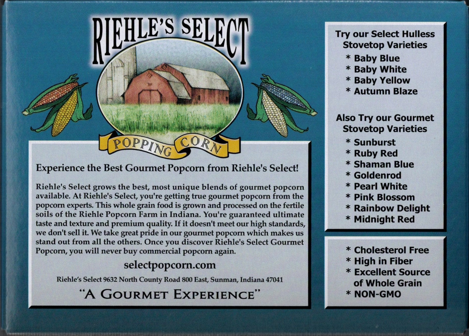 Riehle's Select hulless butter popcorn bag, GMO-free and USA grown for quality snacking