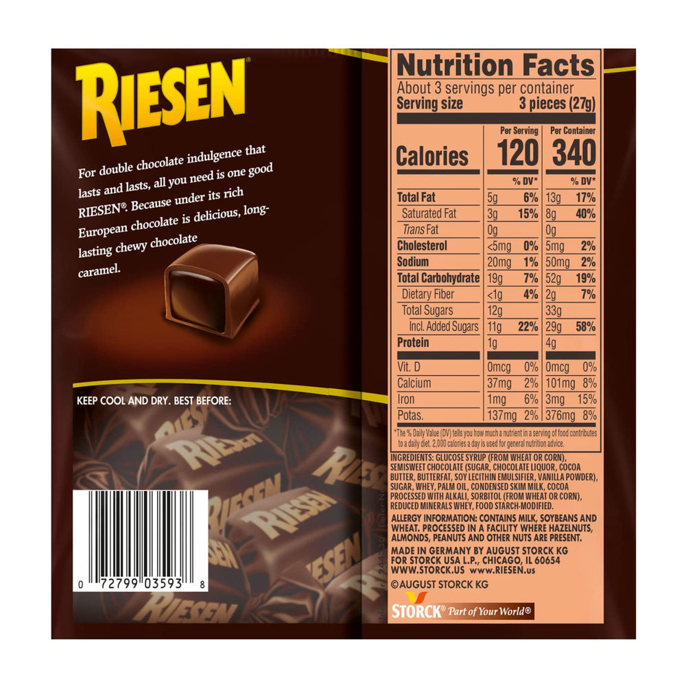 Riesen chewy chocolate caramel three-pack on display offers convenient shared snacking