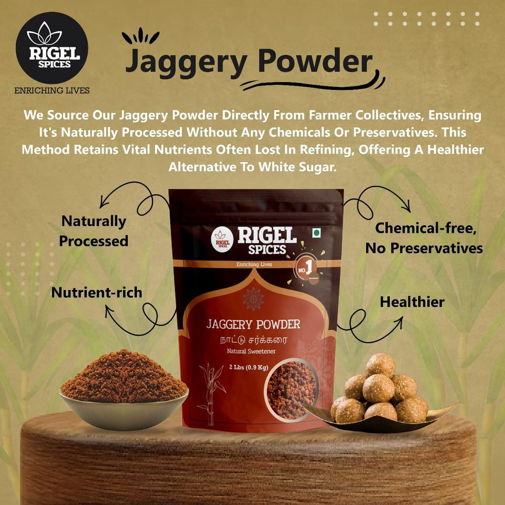 Rigel Spices Cane Jaggery Powder desserts adds caramel notes.