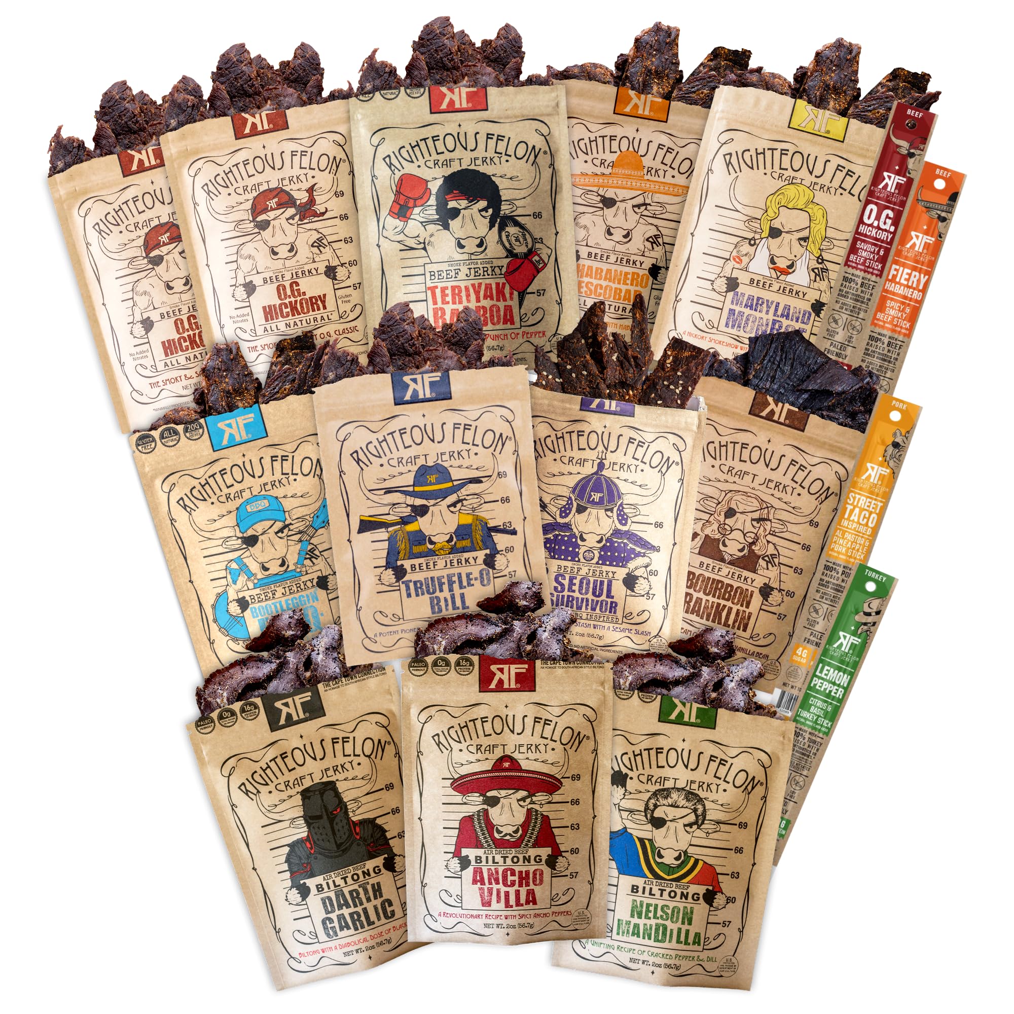 Righteous Felon beef jerky variety pack open box showing full flavor assortment