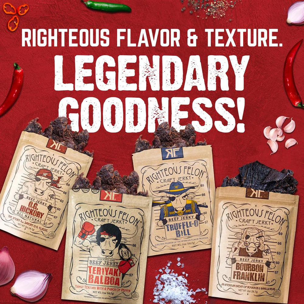 Righteous Felon Beef Jerky low-sugar, gluten-free option for mindful eating.