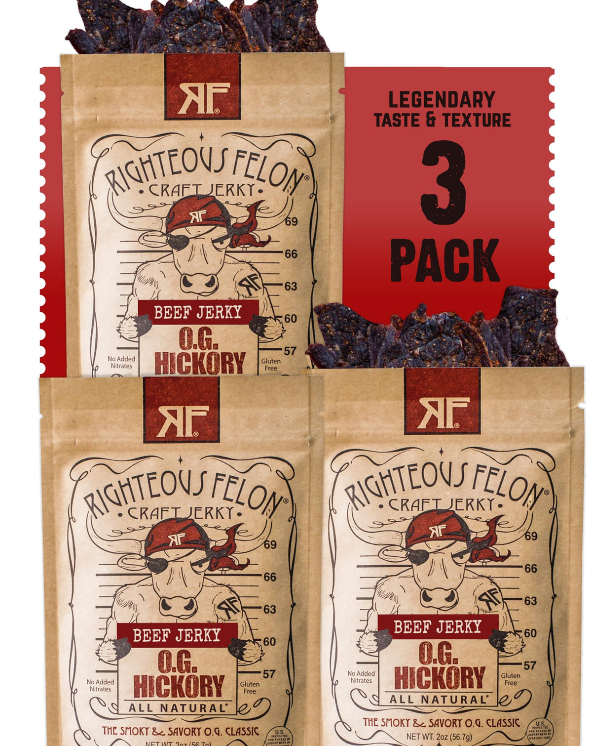 Righteous Felon OG Hickory beef jerky hero image, premium high-protein snack on the go.