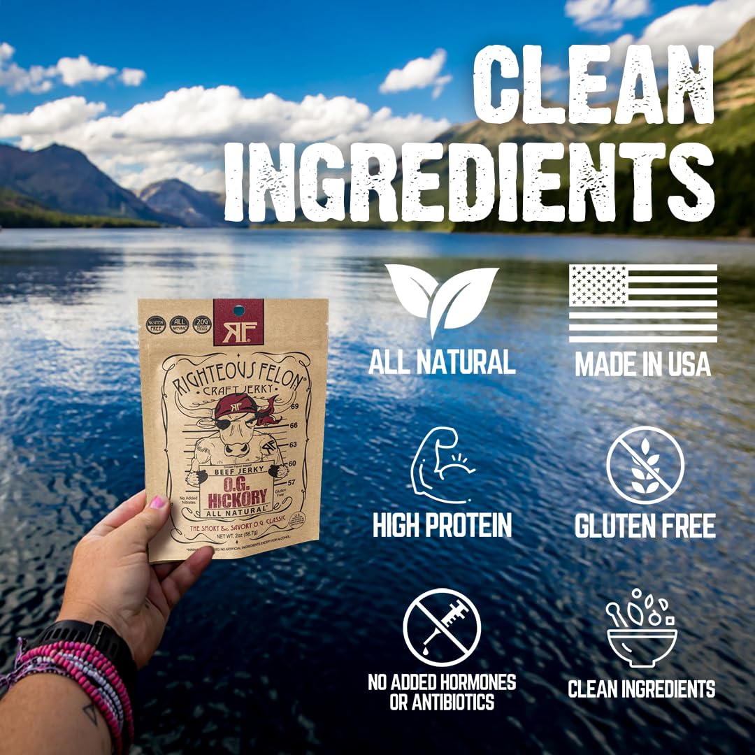 Righteous Felon OG Hickory nutrition panel highlights high protein, low sugar.