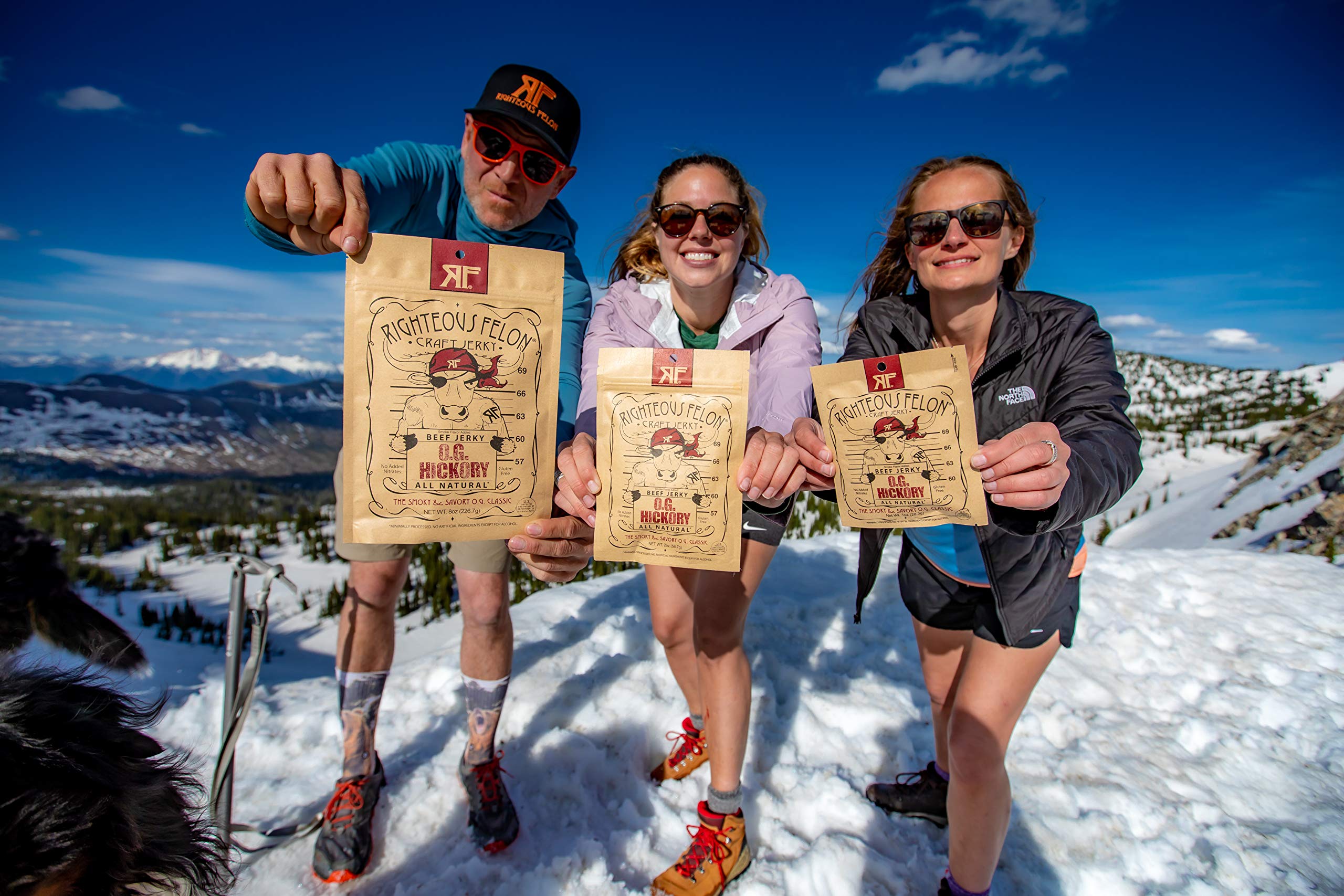 Righteous Felon OG Hickory jerky on-the-go, ideal for outdoor adventures.