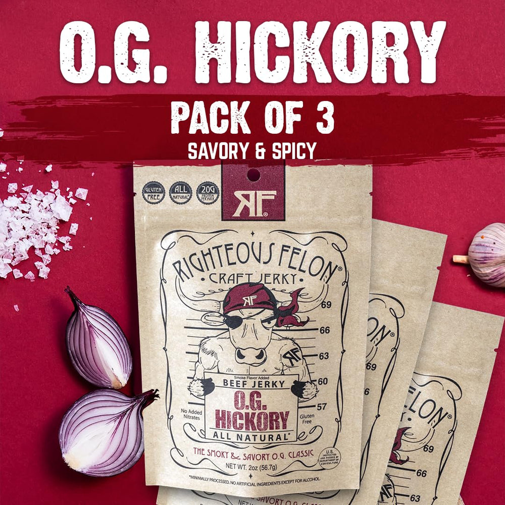 Righteous Felon OG Hickory beef jerky pack display, convenient 3-pack for snacking at work.
