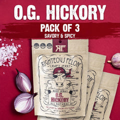 Righteous Felon OG Hickory beef jerky pack display, convenient 3-pack for snacking at work.