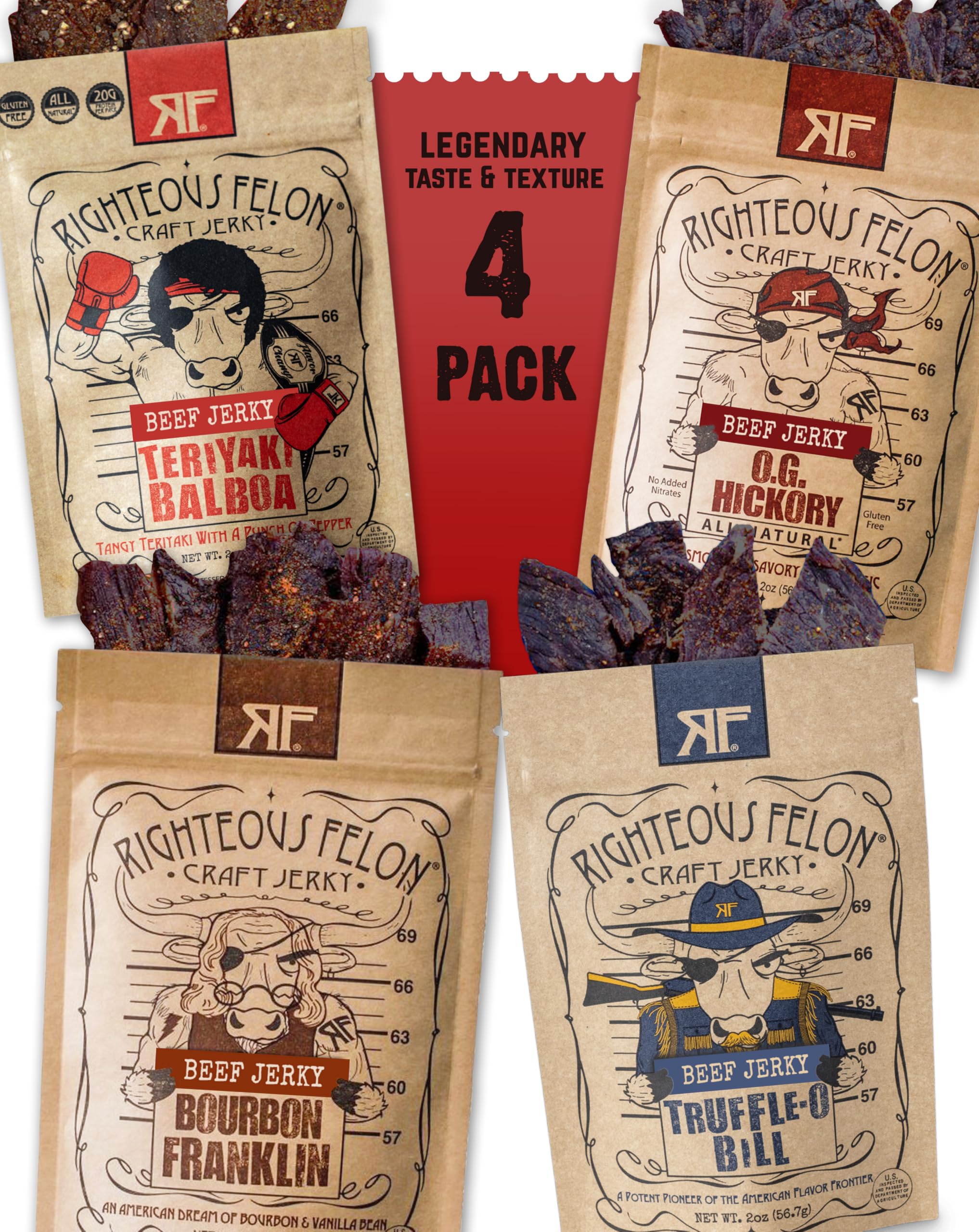 Righteous Felon Beef Jerky variety flavors for on-the-go snacking.
