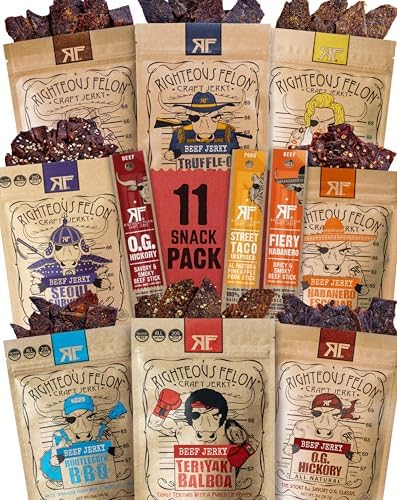 Righteous Felon beef jerky variety pack on display, ideal for on-the-go protein.